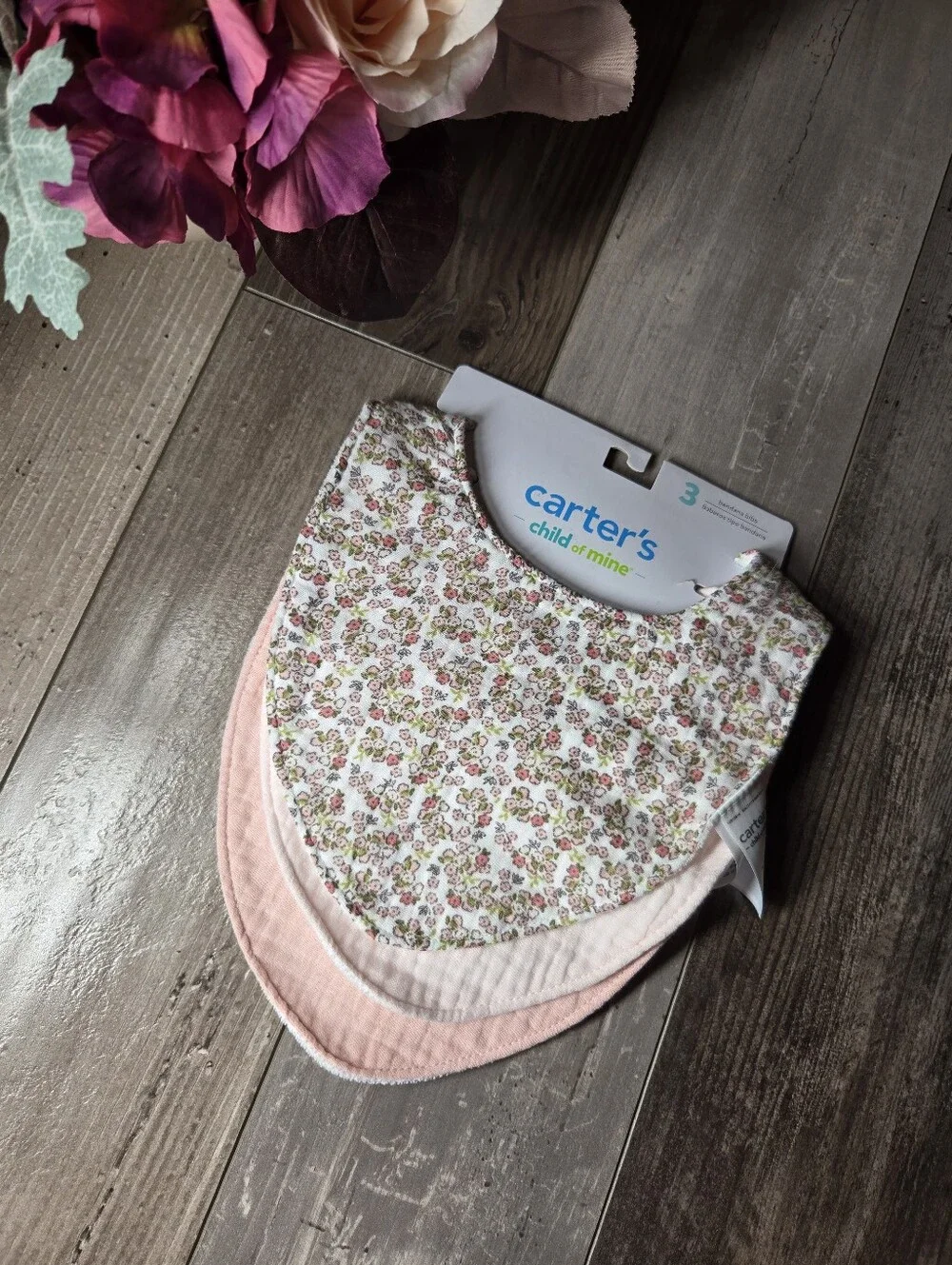 NWT Carter's Baby Girls 3‑Pack Pink Floral & Solid Bandana Bibs ONE SIZE